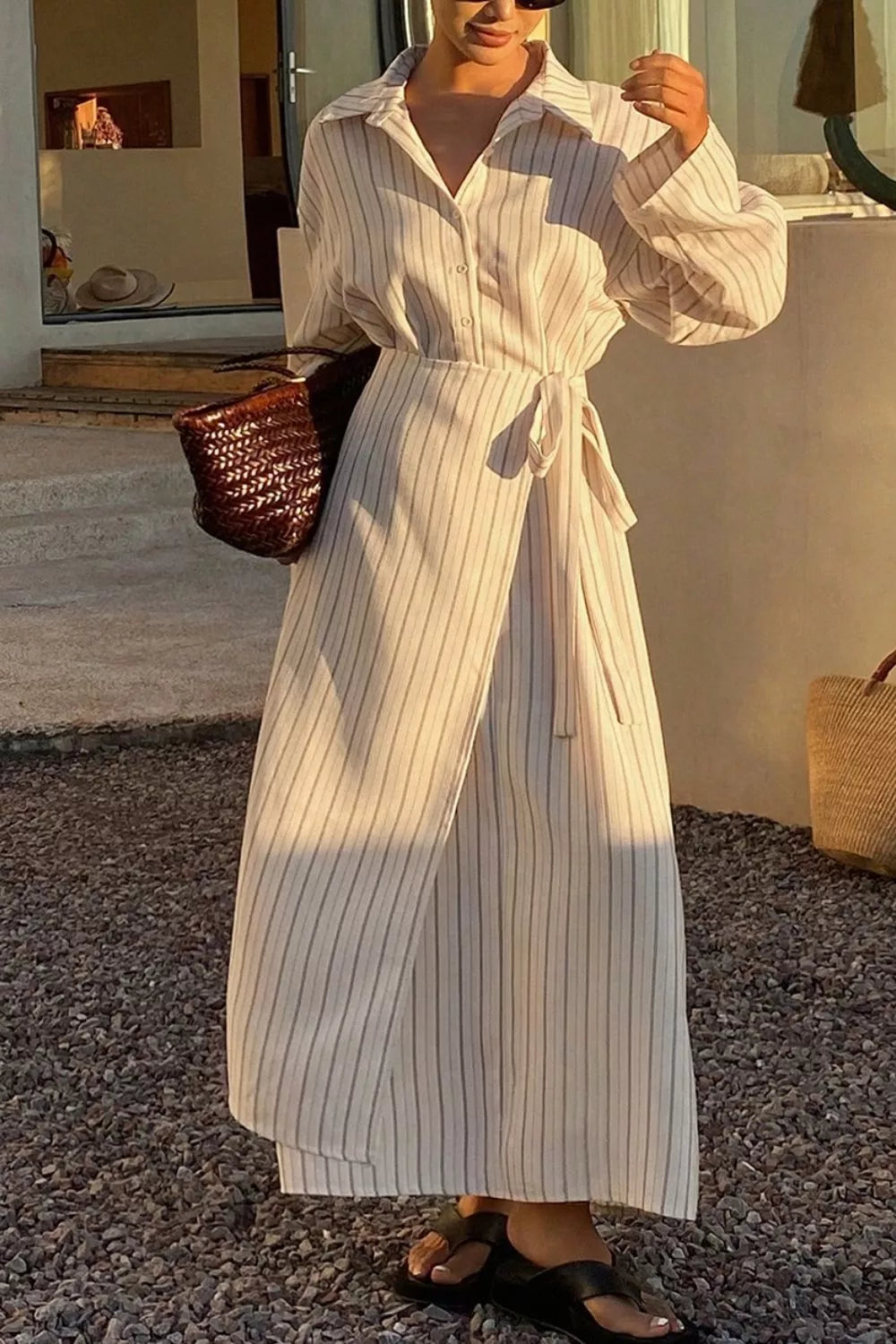 Striped Button-Down Shirt Dress with Waist Tie - Lilixa.store