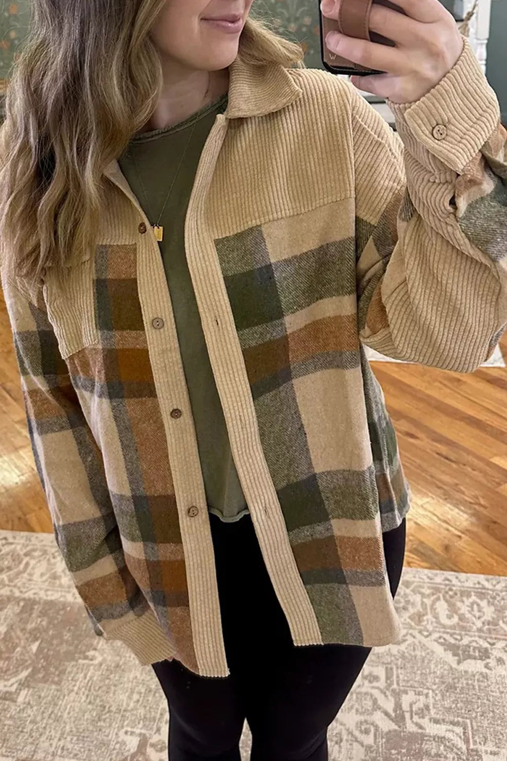 Retro Plaid Corduroy Patchwork Shacket in Tan, view 2