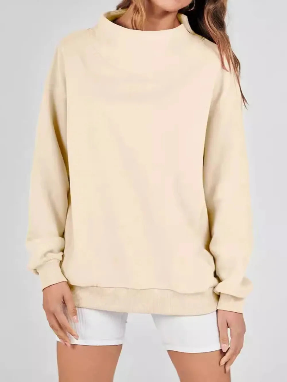 Mock Neck Drop Shoulder Long Sleeve Sweatshirt - Lilixa.store