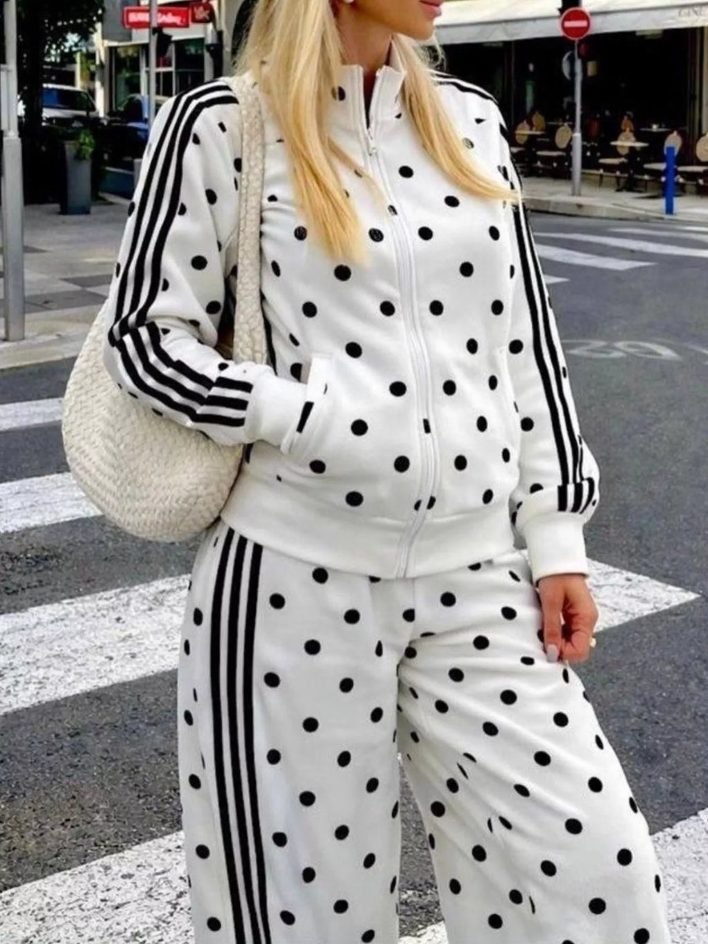 Polka Dot Side Striped Outerwear and Pants Set - Lilixa.store