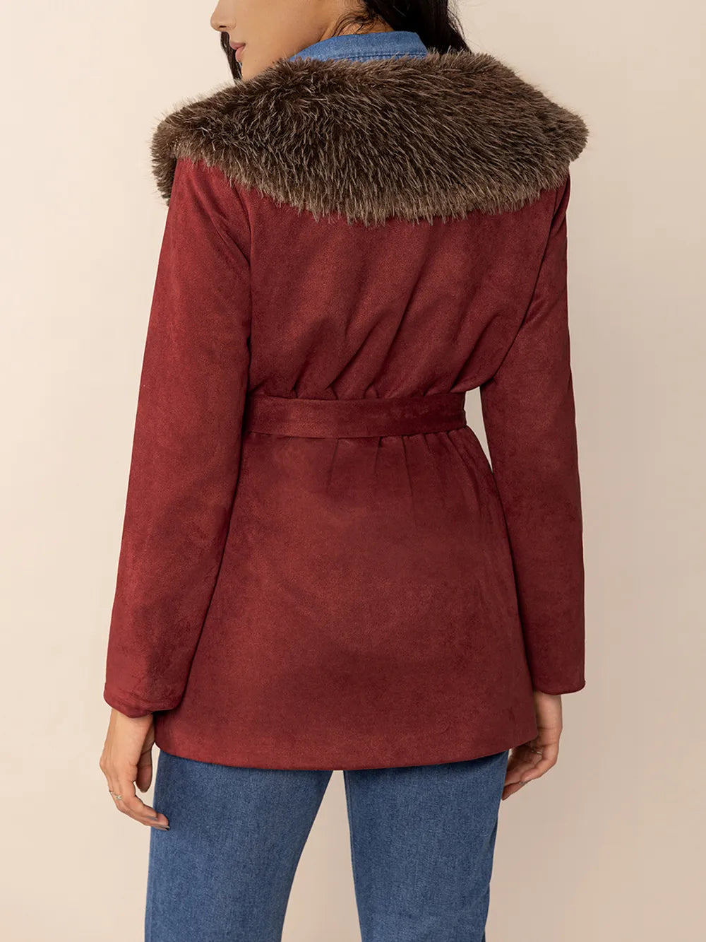 Fuzzy Collared Neck Tie Waist Jacket in Burgundy, view 2