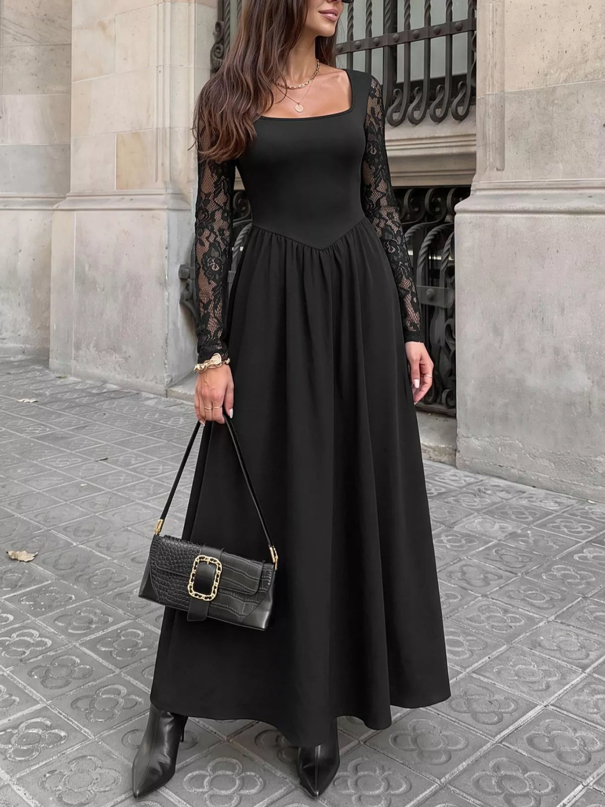 Square Neck Sheer Sleeve Maxi Dress in Black, view 4