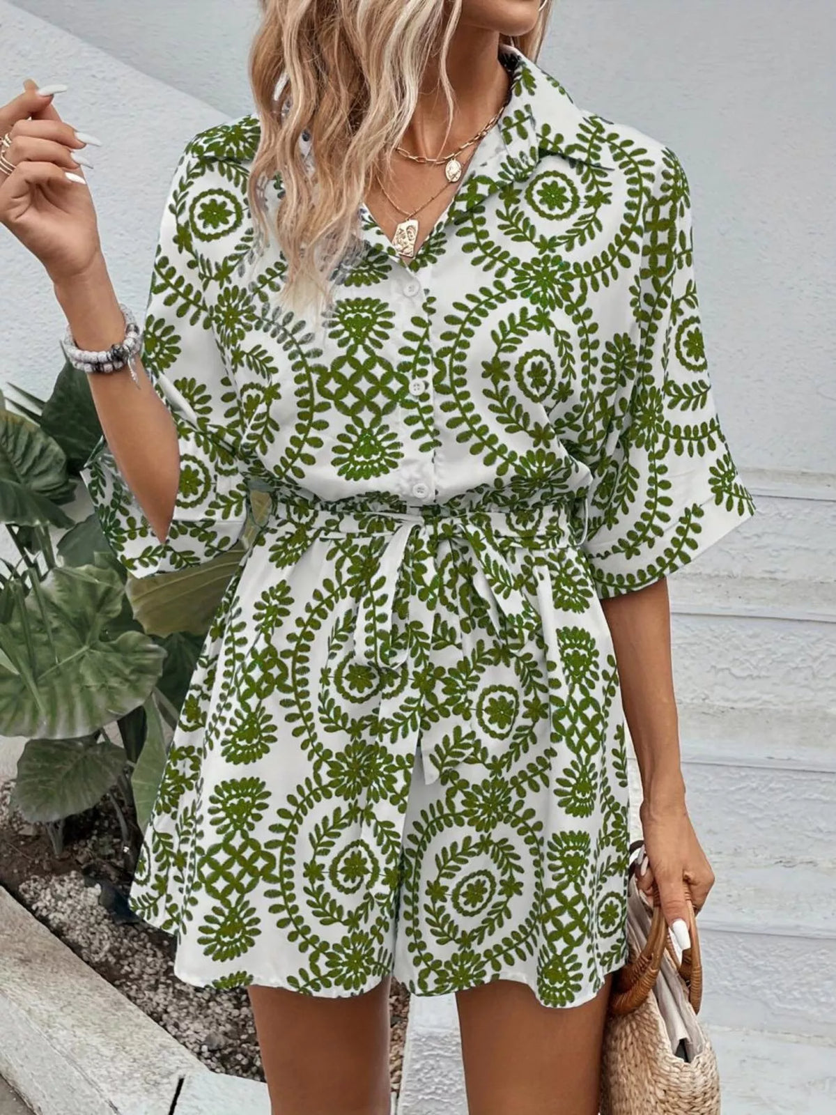 Printed Tie Waist Button Front Romper - Lilixa.store