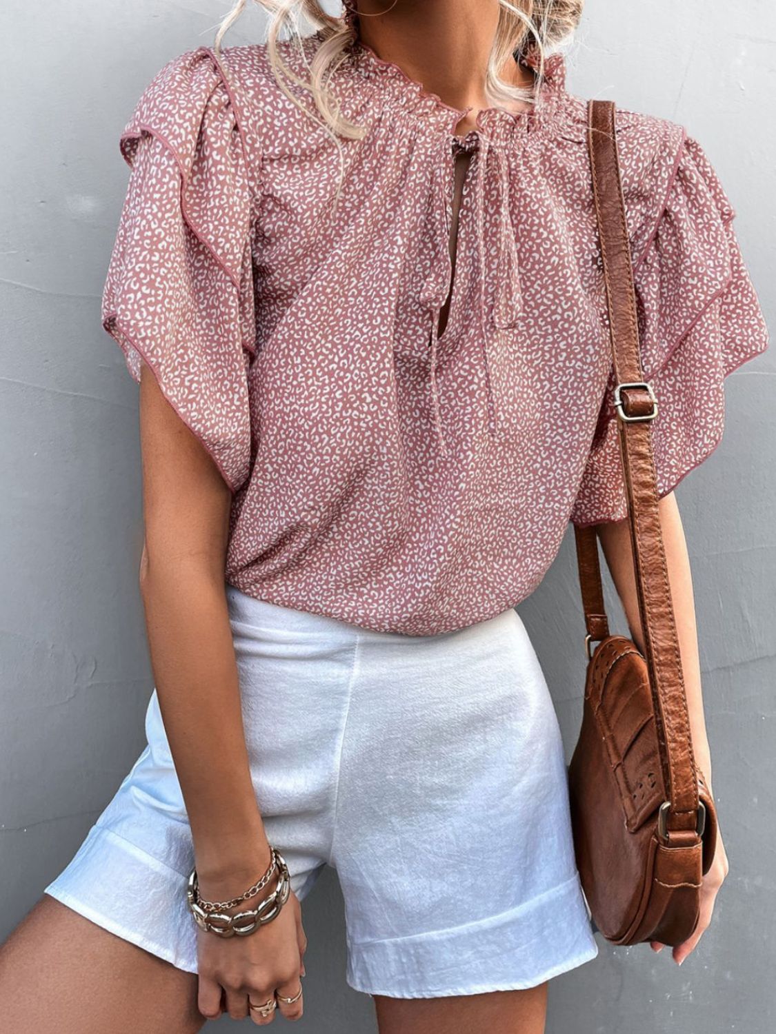 Printed Flutter Sleeve V-Neck Top - Lilixa.store