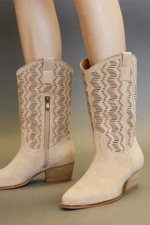 Beast Fashion Faux Suede Laser Cut Detail Block Heel Boots - Lilixa.store
