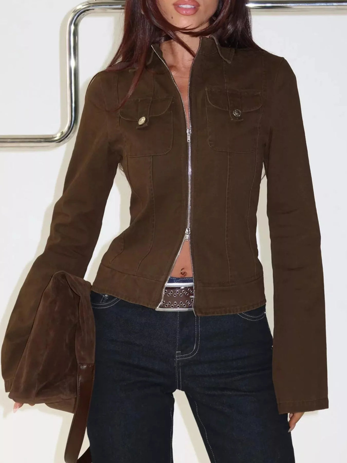 Slim-Fit Utility Zip-Up Cropped Jacket in Coffee Brown