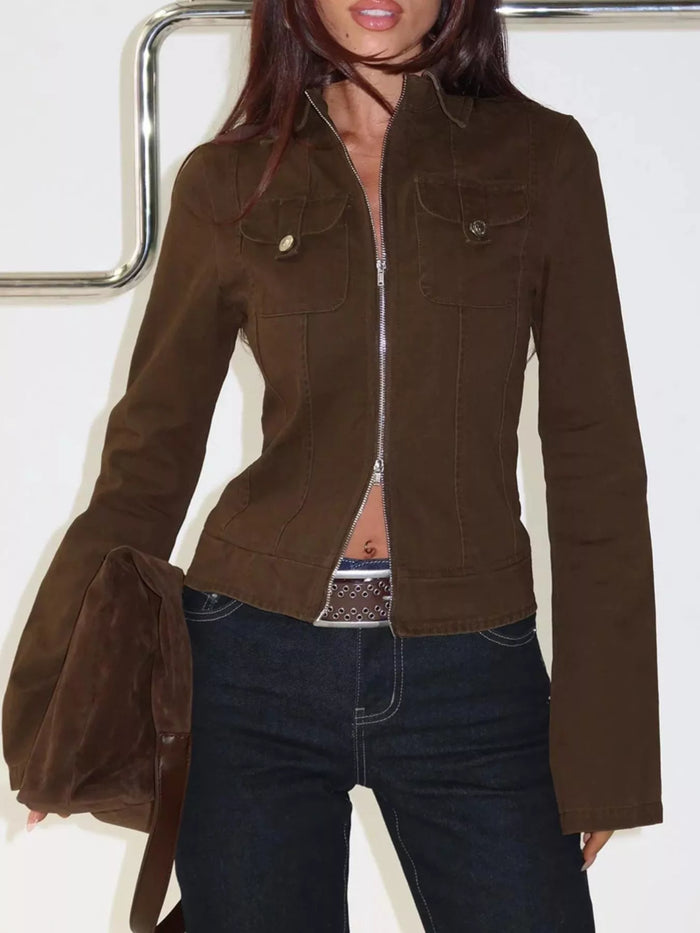 Slim-Fit Utility Zip-Up Cropped Jacket in Coffee Brown