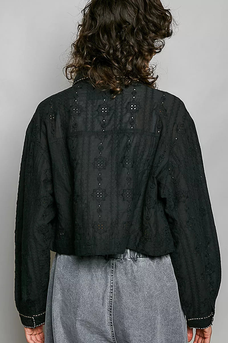 POL Cropped Button-Front Eyelet Cotton Jacket in Black, view 3