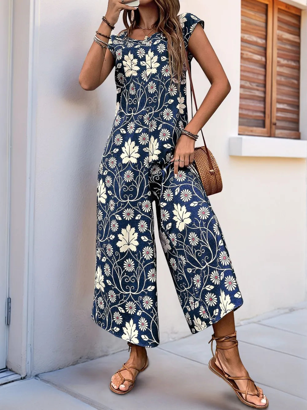 Perfee Printed Round Neck Cap Sleeve Wide Leg Jumpsuit - Lilixa.store