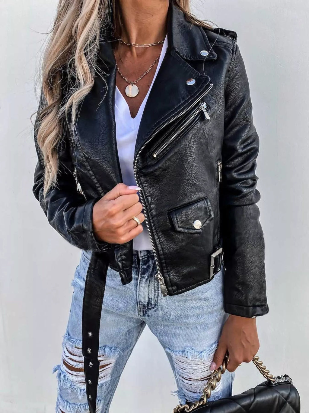 Full Size Zip Up Leather Motorcycle Biker Jacket Plus Size - Lilixa.store