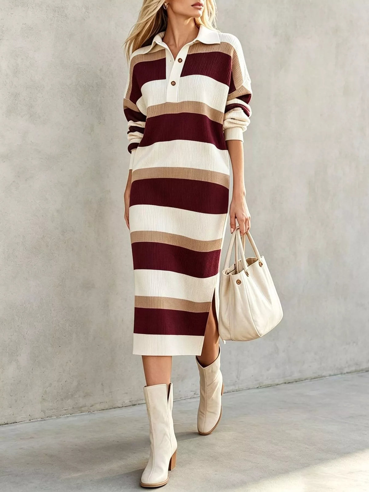 Striped Polo Collar Long Sleeve Sweater Dress - Lilixa.store