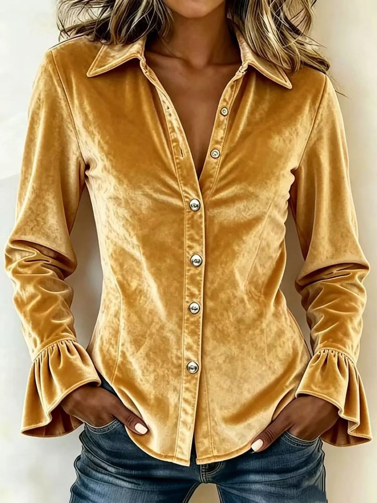 Velvet Button-Down Flounce Sleeve Shirt in Gold