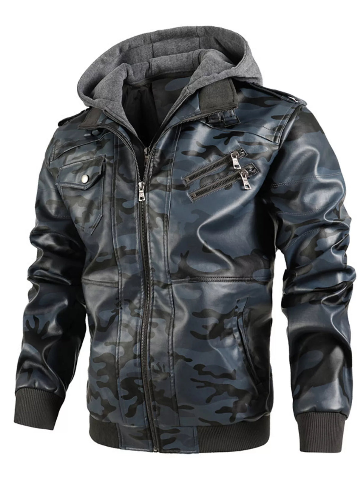 Men's Full Size Hooded Faux Leather Moto Jacket Plus Size - Lilixa.store