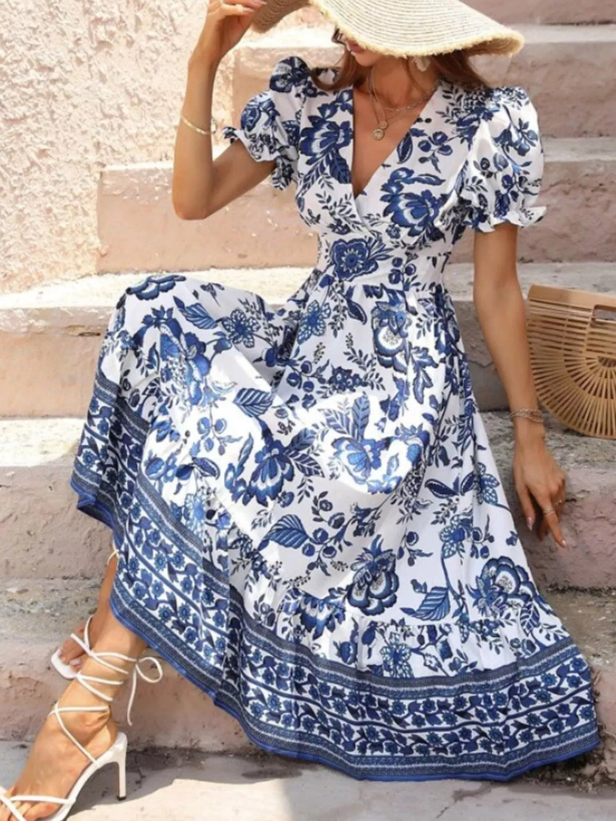Floral Print Puff Sleeve Wrap Midi Dress - Lilixa.store