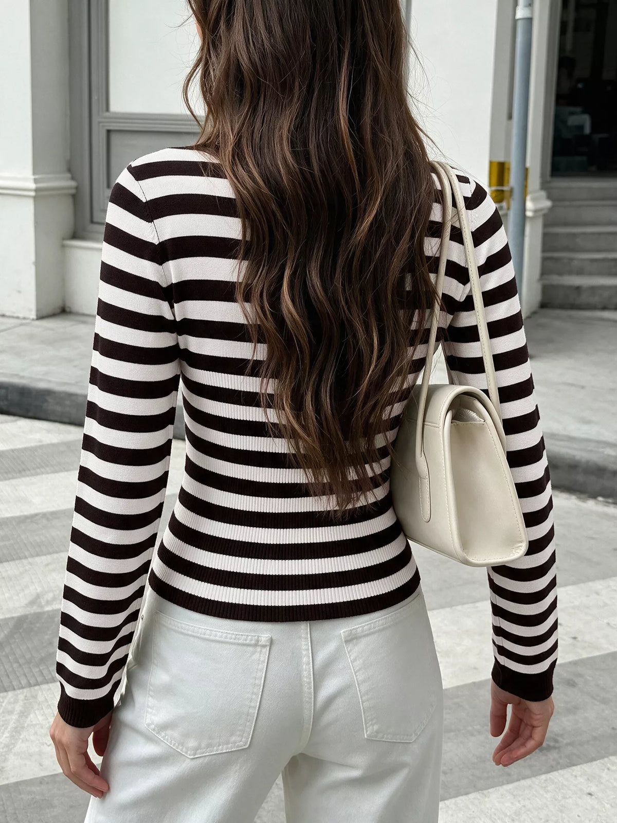 Striped Long Sleeve Knit Top in Black, view 6