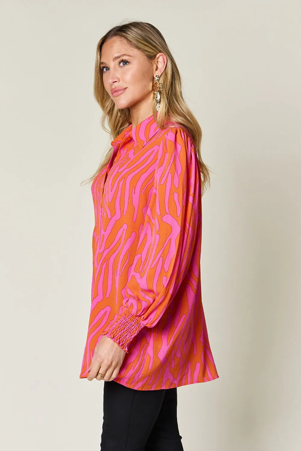 Double Take Full Size Printed Smocked Long Sleeve Blouse Plus Size - Lilixa.store