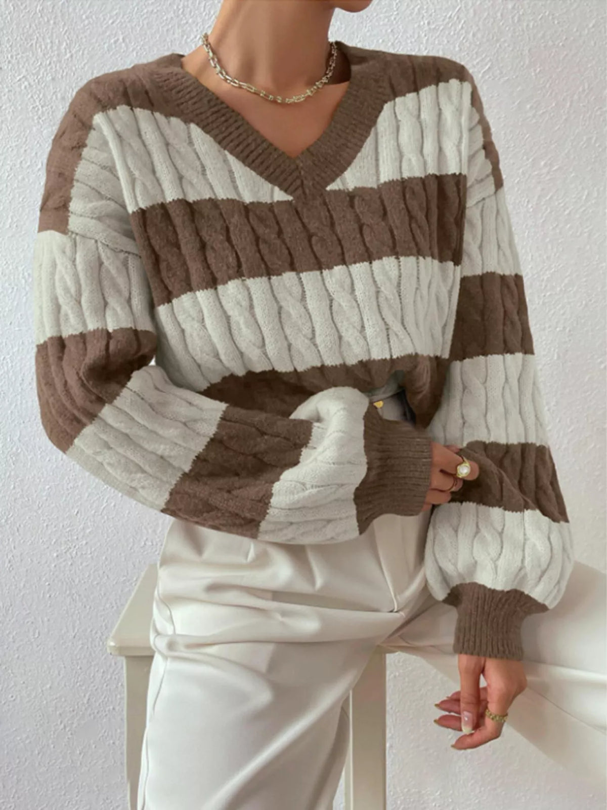 V-Neck Striped Cable Knit Sweater