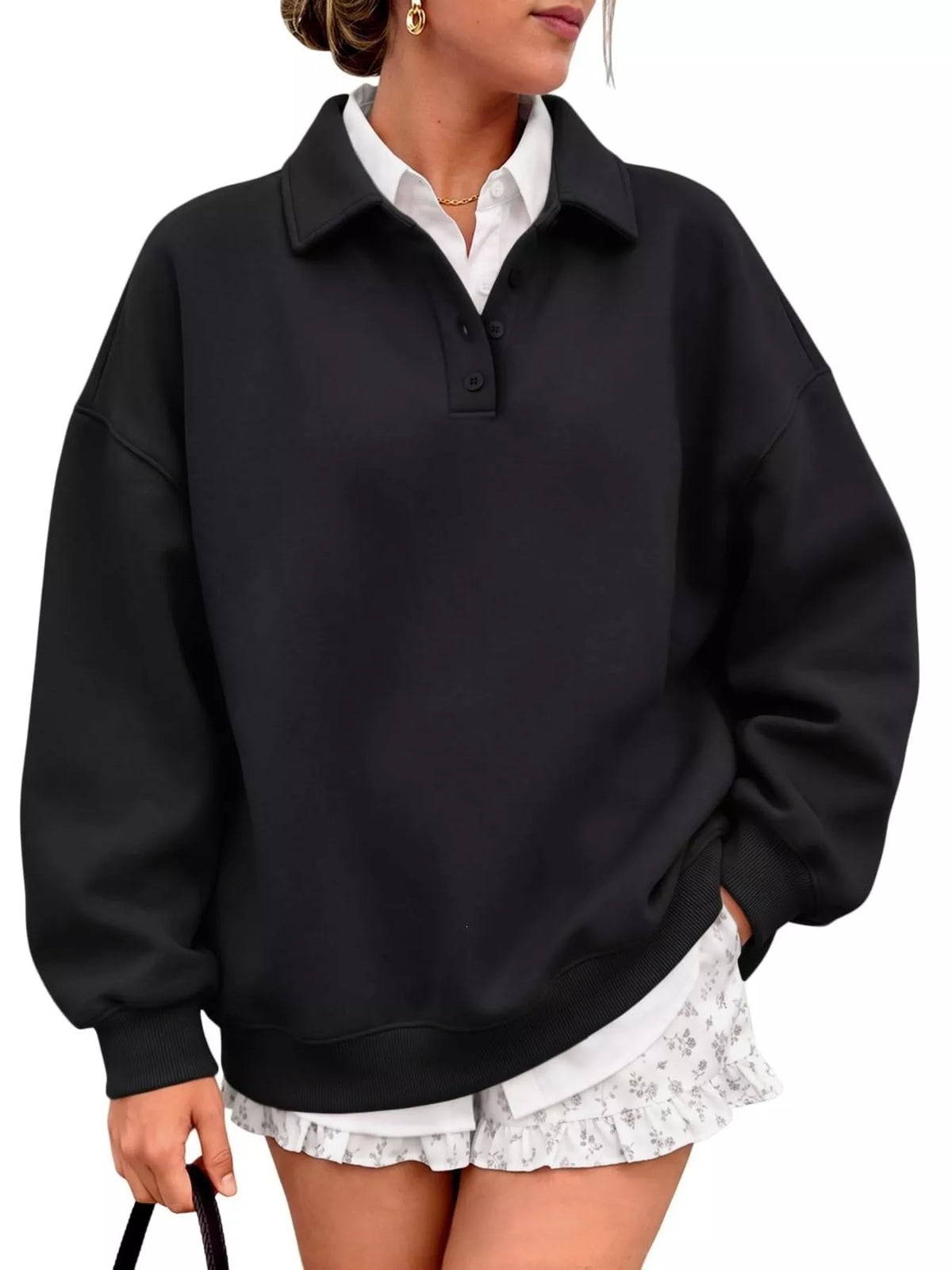 Button Detail Dropped Shoulder Sweatshirt - Lilixa.store