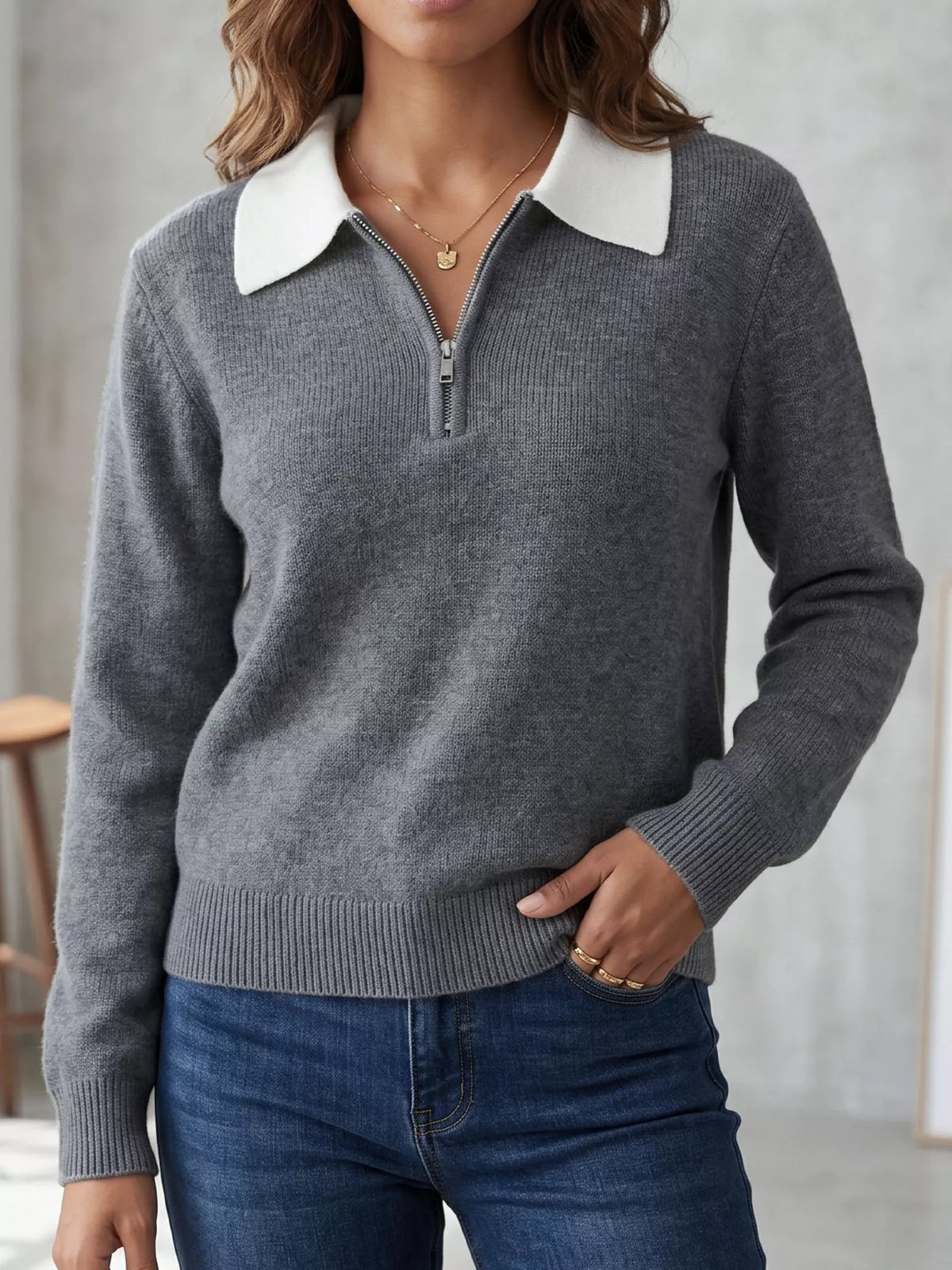 Contrast Collar Quarter Zip Sweater - Lilixa.store