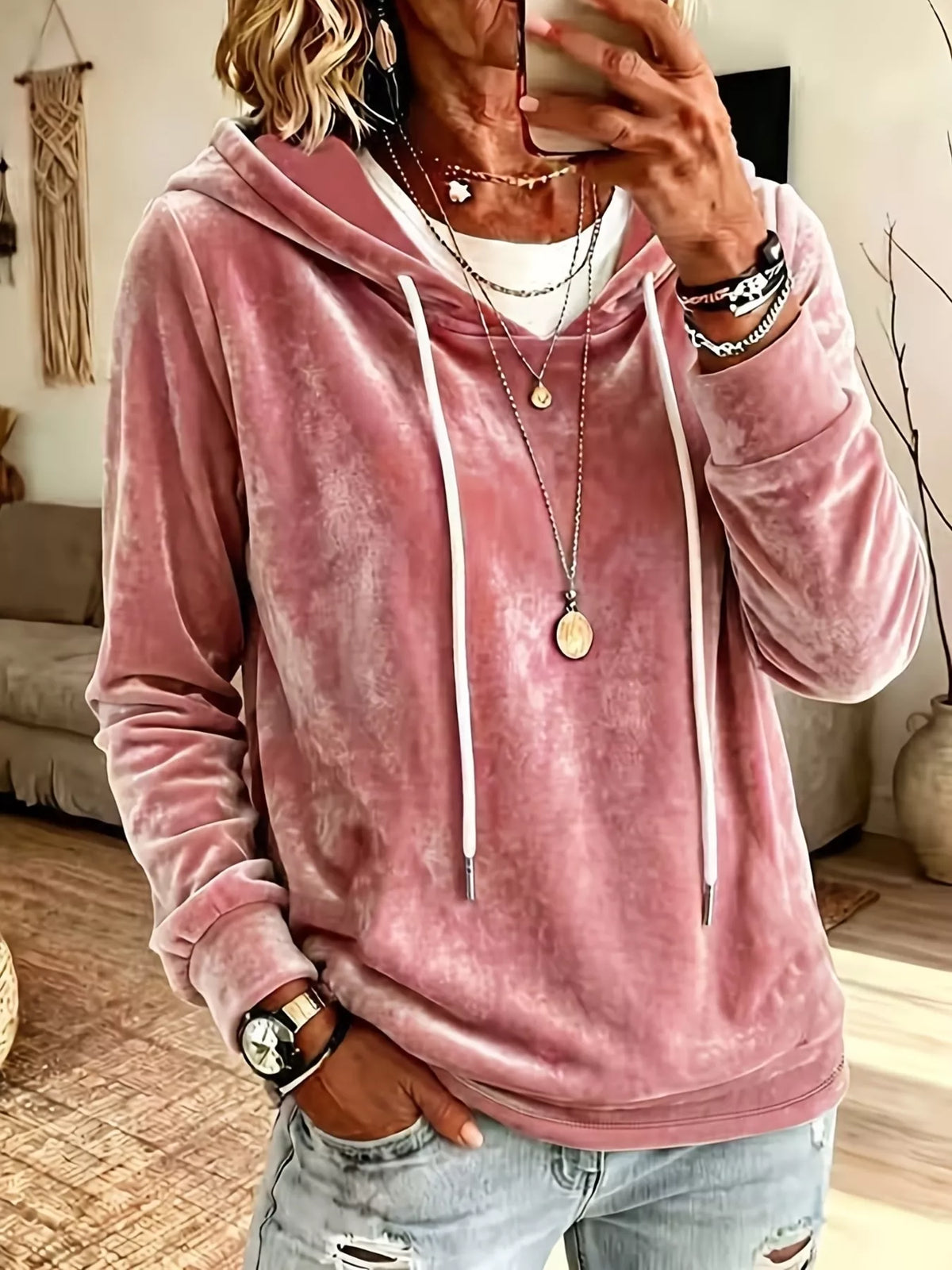 Full Size Drawstring Velvet Long Sleeve Hoodie Plus Size in Pink