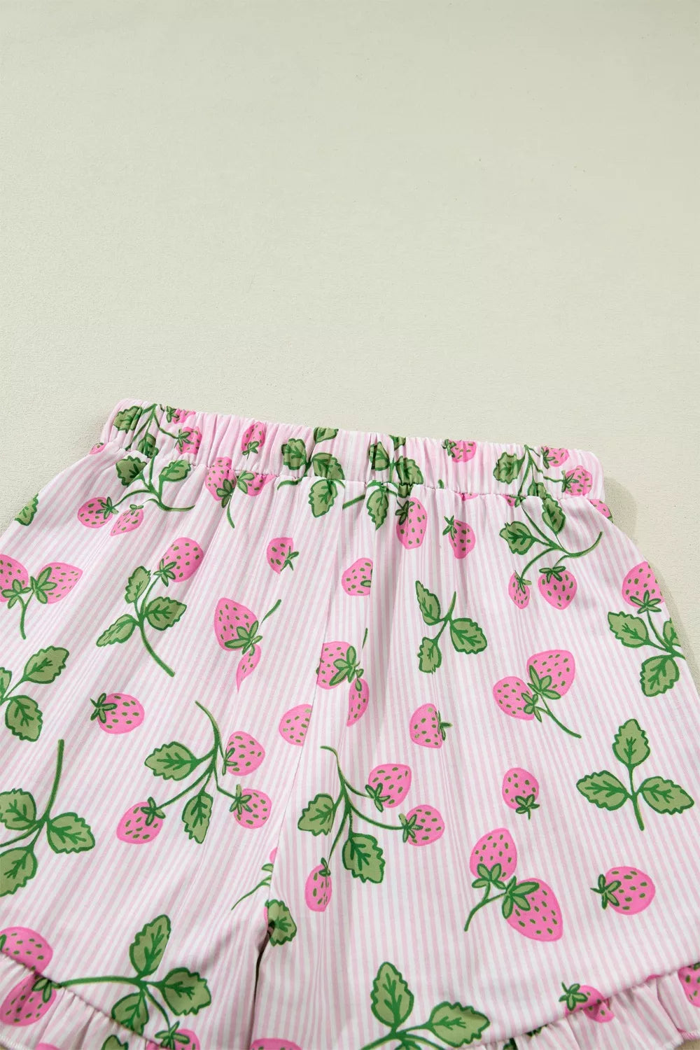 Striped Strawberry Print Lapel Shirt Drawstring Shorts 2pcs Pajama Set - Lilixa.store