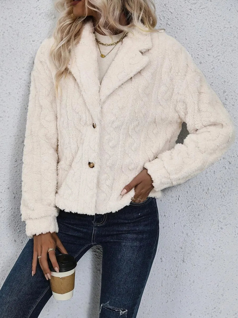 Fuzzy Button Up Collared Neck Jacket in Cream, view 4