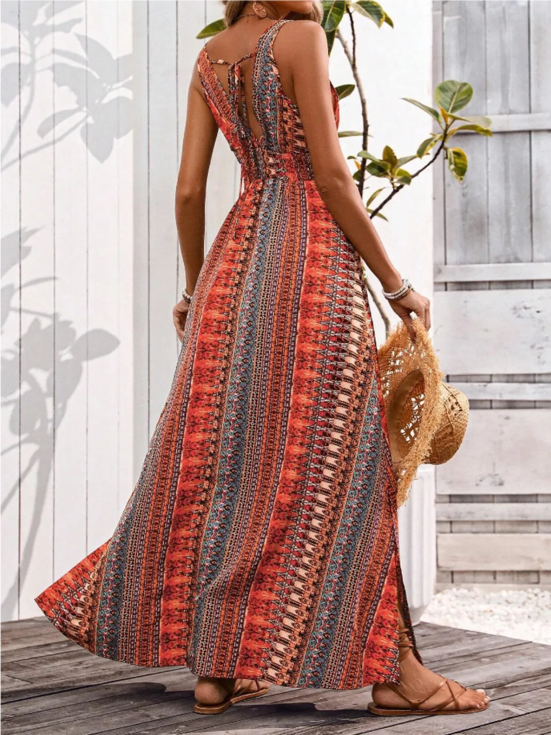 Tied Back Printed Sleeveless Maxi Slit Dress, view 4