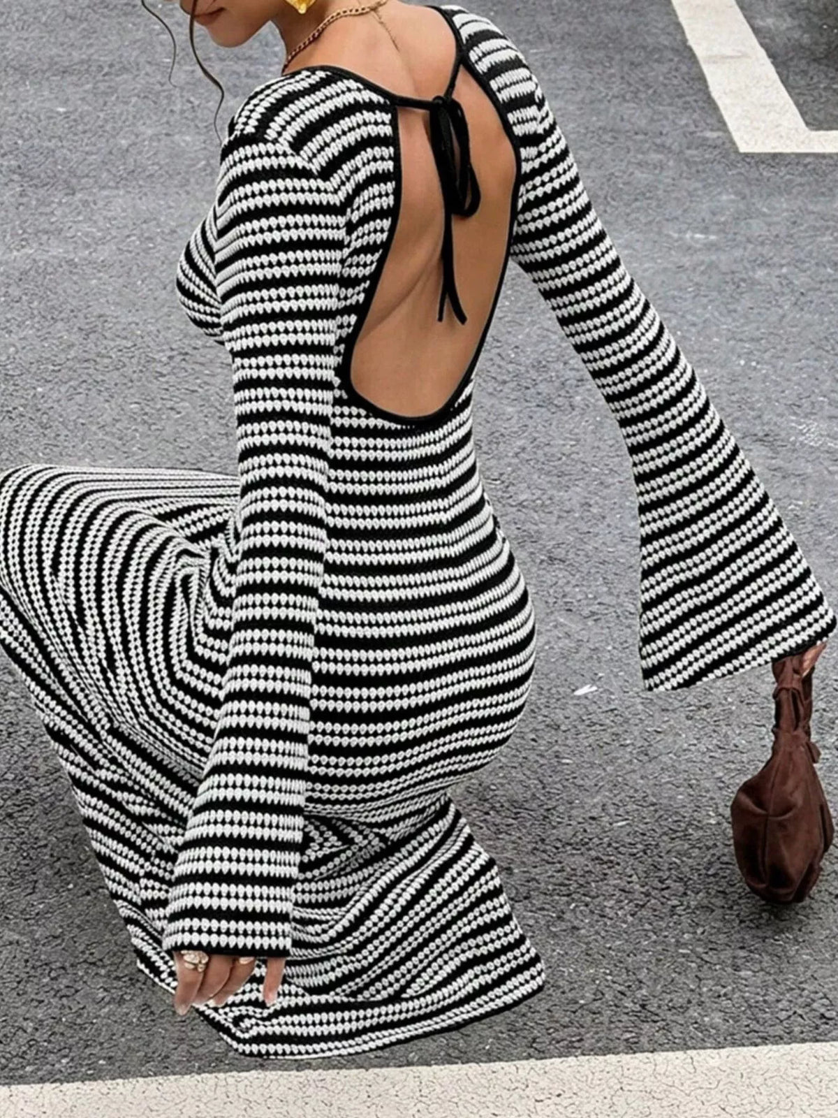 Backless Striped Ribbed Knit Maxi Dress with Flared Sleeves, view 3