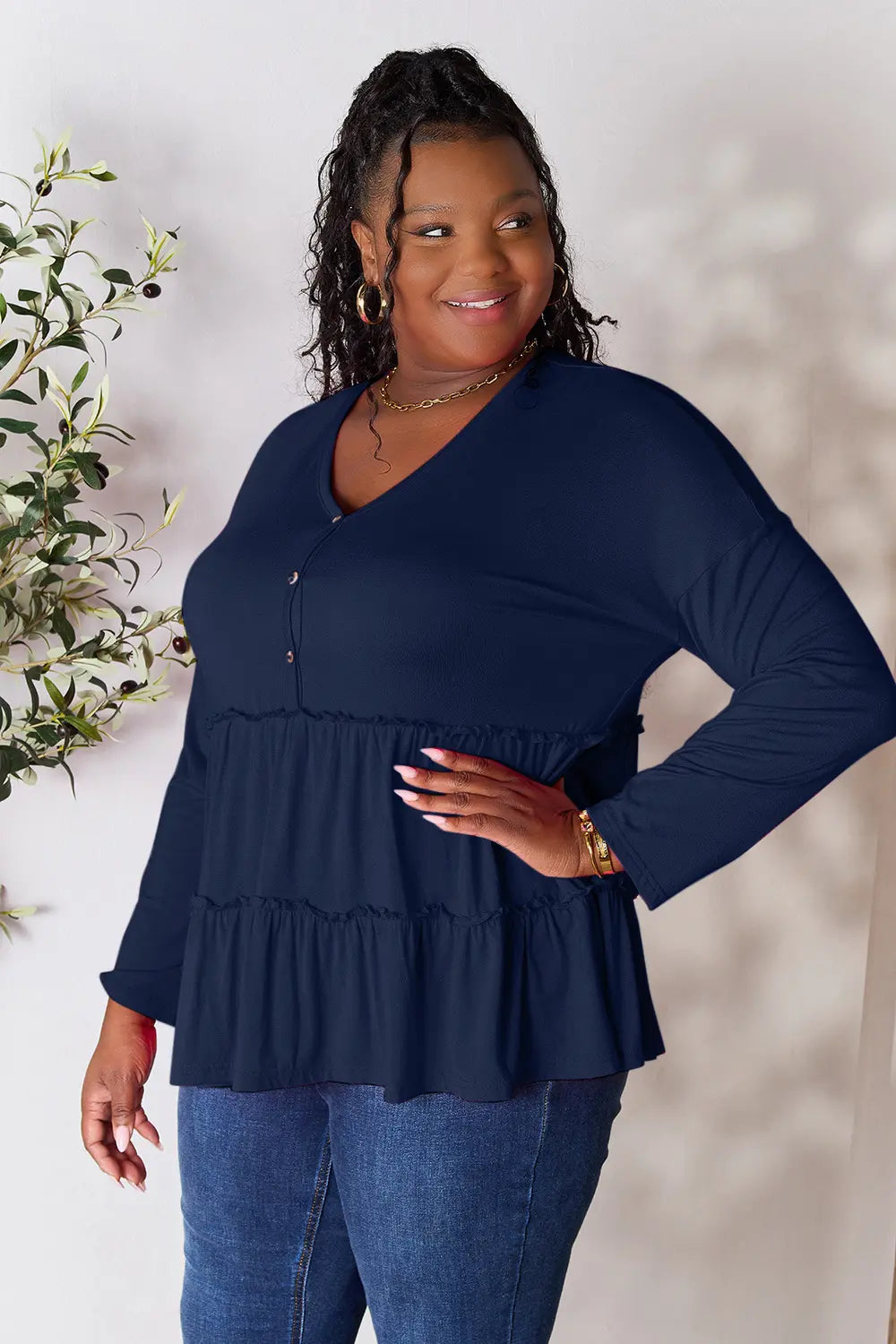 Double Take Half Button Long Sleeve Ruffle Hem Blouse - Lilixa.store