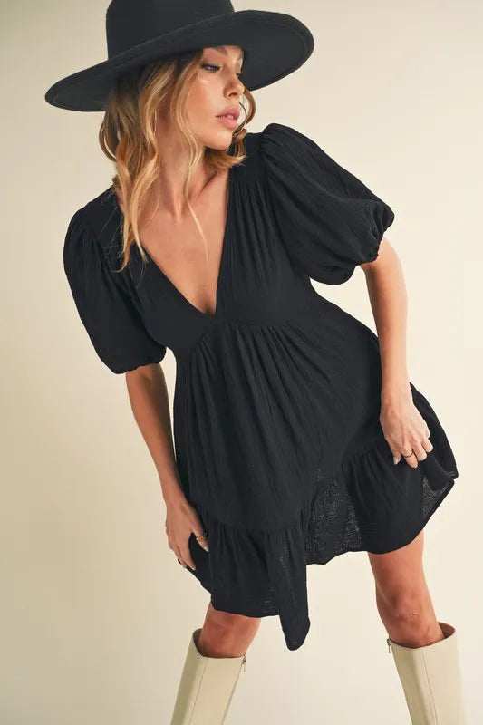 Aemi+Co Tied Back Ruffled Short Sleeve Mini Dress in Black, view 2