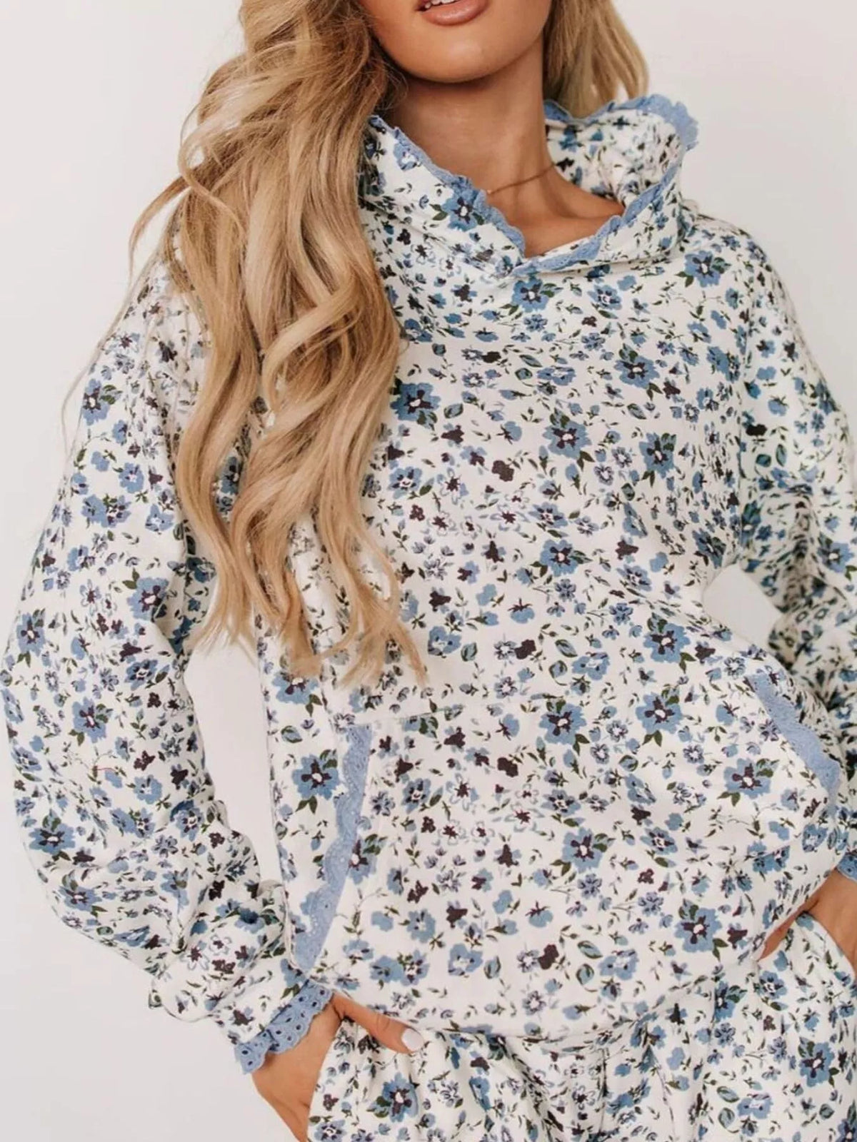 Lace Trim Kangaroo Pocket Hoodie - Lilixa.store