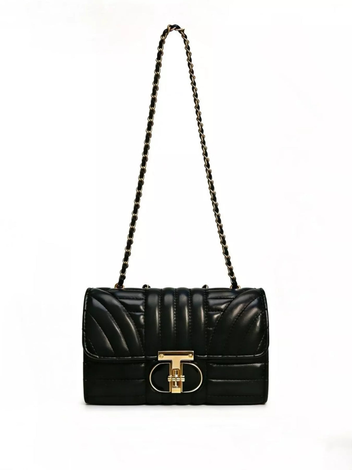 Quilted Chain Shoulder Bag with Metallic Lock in Black, view 6
