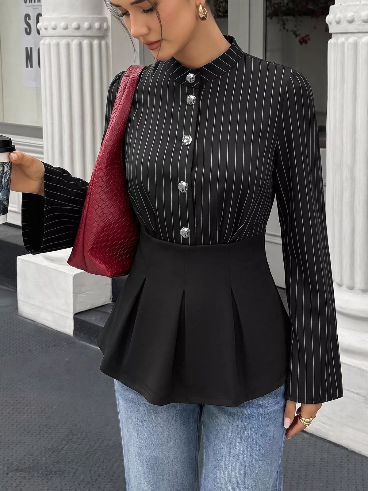 Striped Long Sleeve Peplum Blouse in Black, view 2