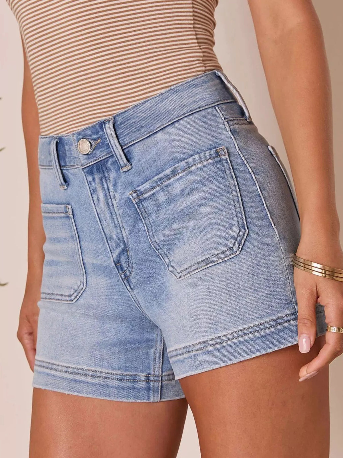 High-Waisted Pocketed Denim Shorts in Light Blue