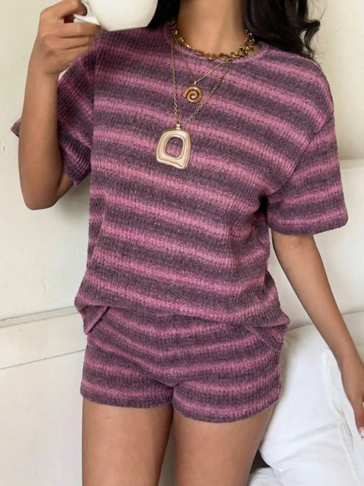 Striped Textured Knit Top and Shorts Set, view 10