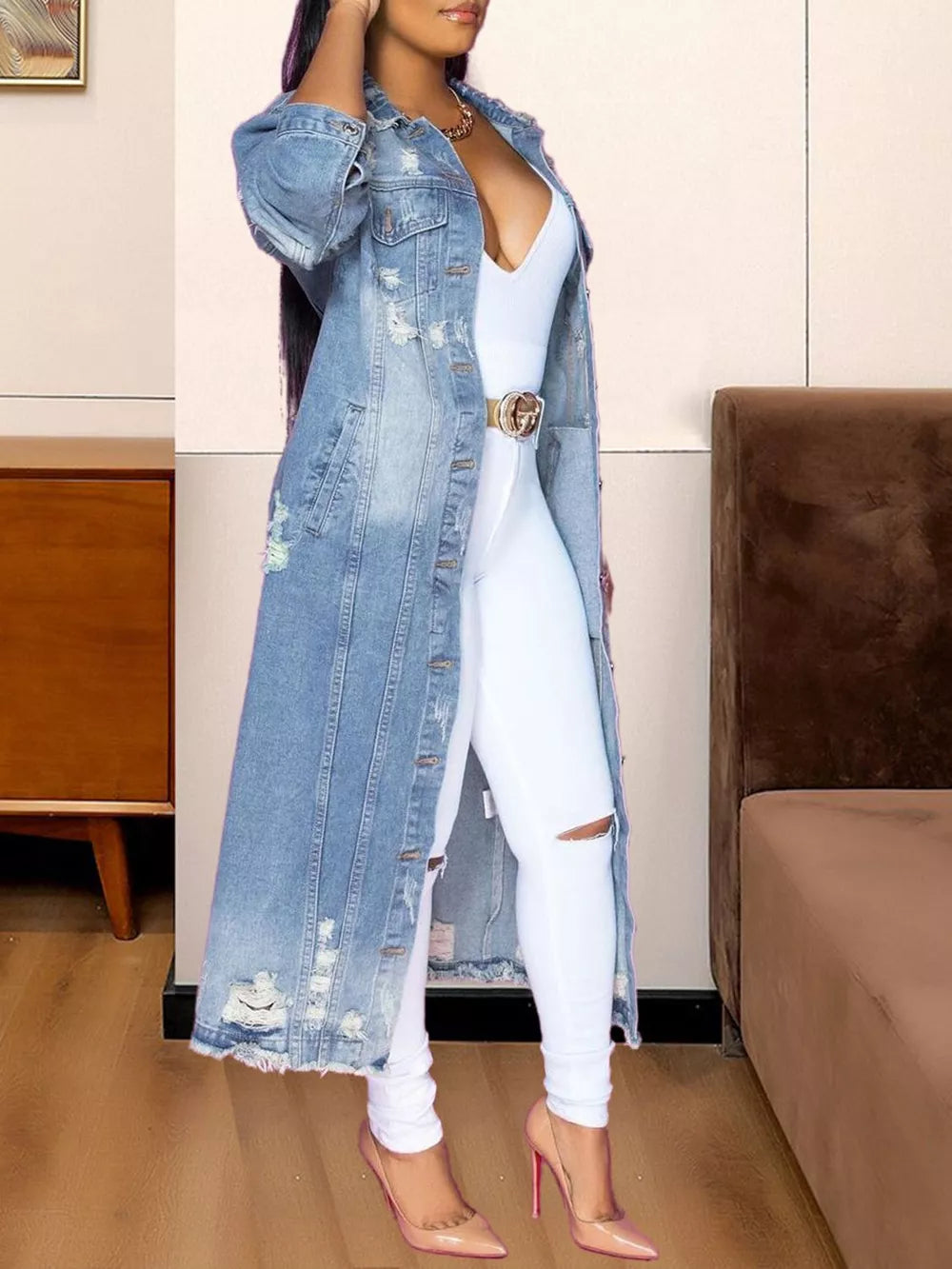 Long Sleeve Raw Hem Denim Jacket - Lilixa.store