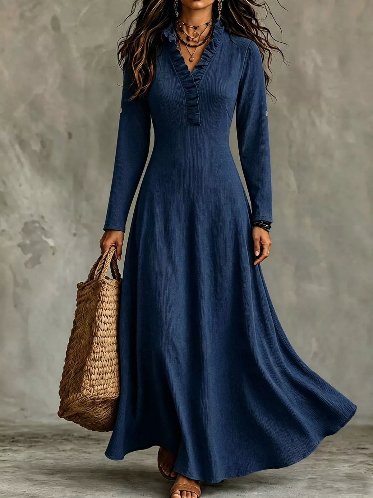 Full Size V-Neck Maxi Dress with Roll-Up Sleeves Plus Size - Lilixa.store