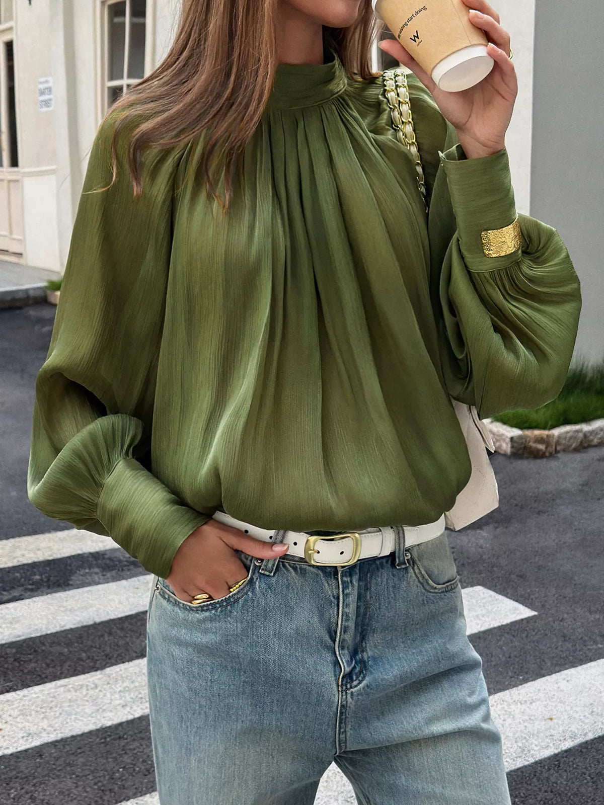 Mock Neck Lantern Sleeves Blouse - Lilixa.store