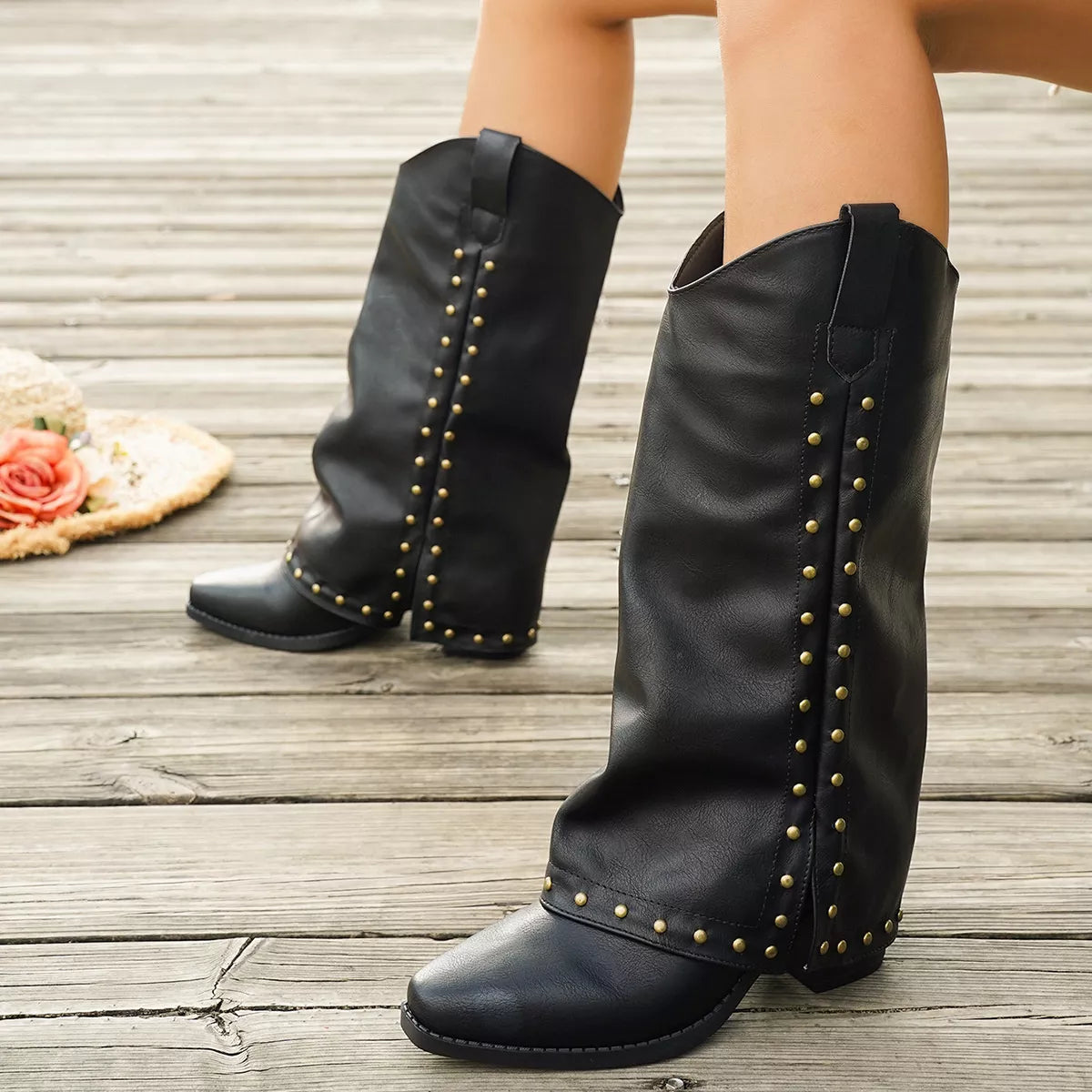 Western Studded Mid-Calf Boots, view 2