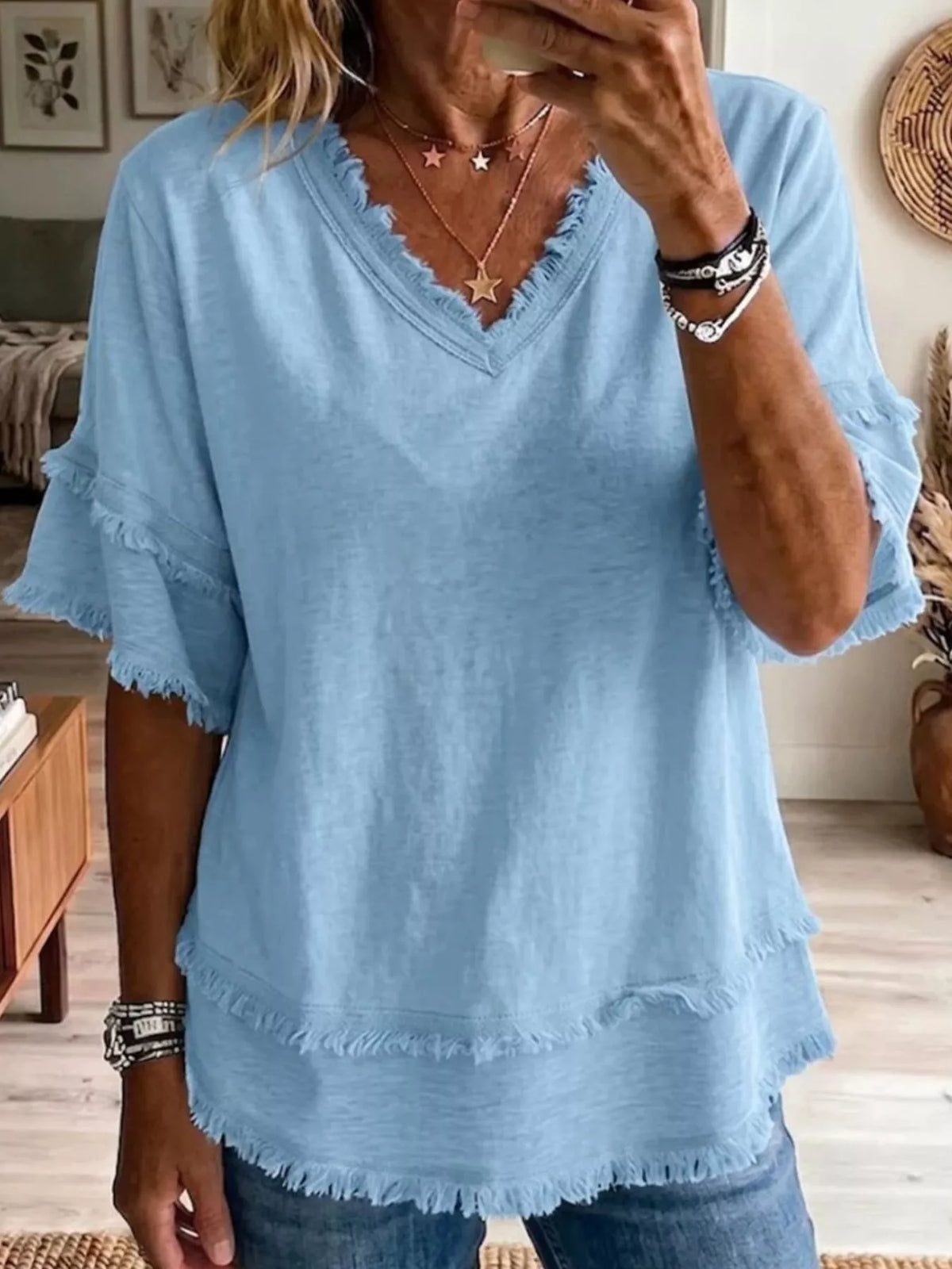 Full Size Frayed Edge V-Neck Blouse Plus Size - Lilixa.store