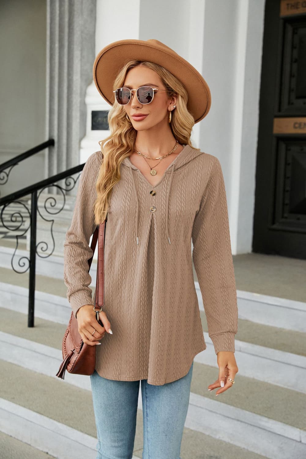 Long Sleeve Hooded Blouse in Camel