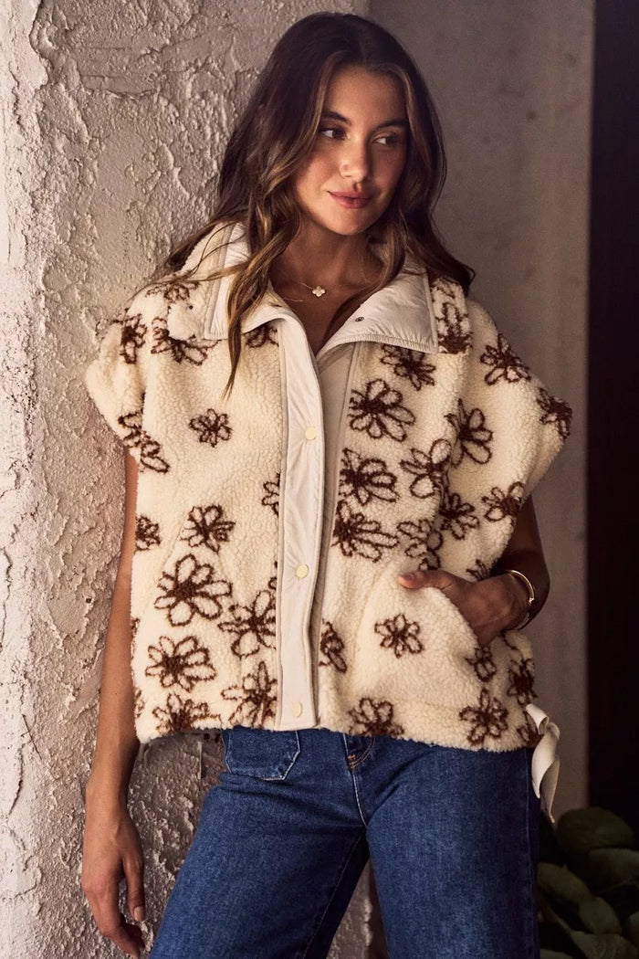 SO ME Flower Sherpa Fur Oversized Sleeveless Vest Jacket in Brown