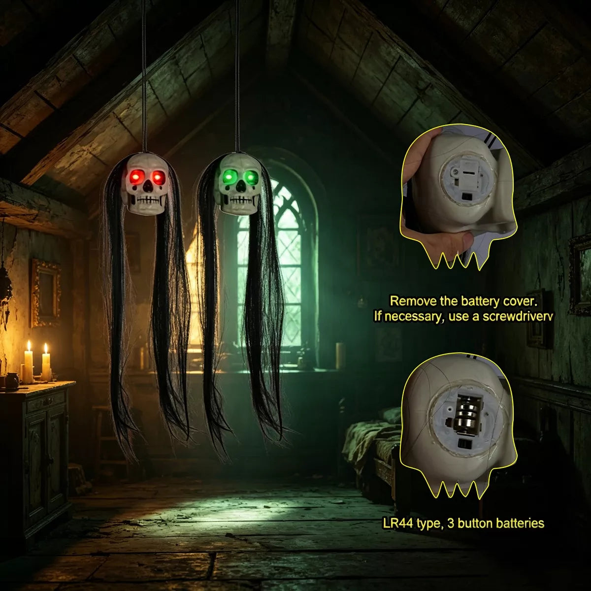 Halloween Hanging Dual-Skull with Glowing Eyes and Long Hair - Lilixa.store