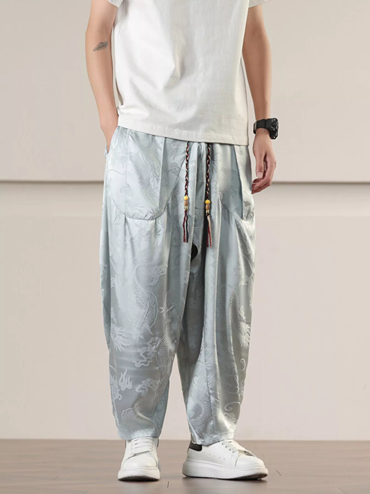 Men's Plus Size Dragon Pattern Harem Pants, view 2