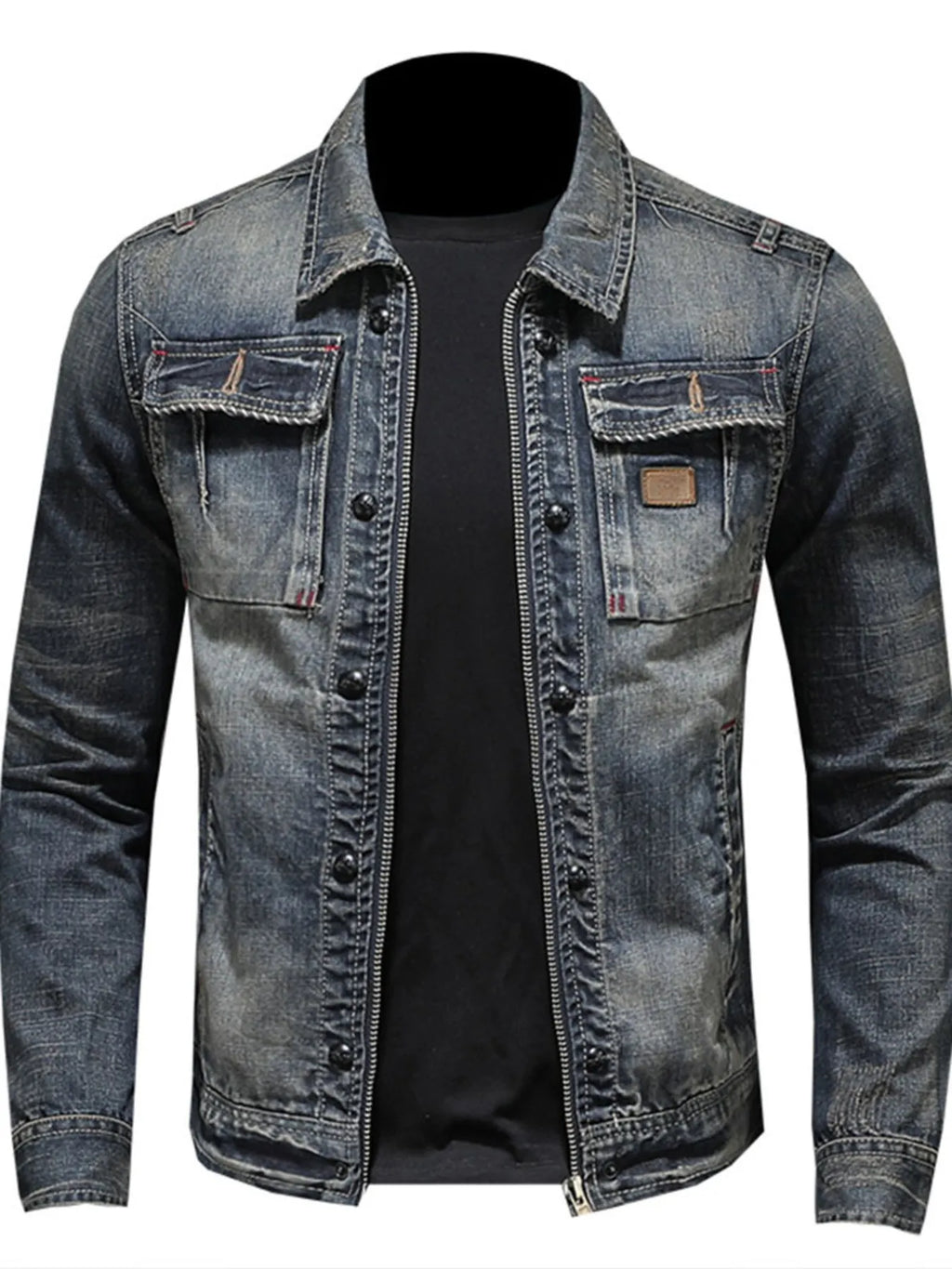 Men's Plus Size Washed Zip Up Denim Jacket with Chest Pockets - Lilixa.store