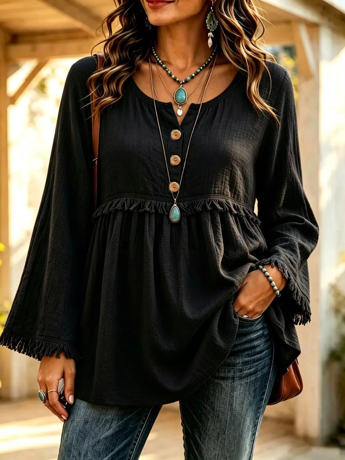 Button-Down Detail Fringed Hem Blouse in Black