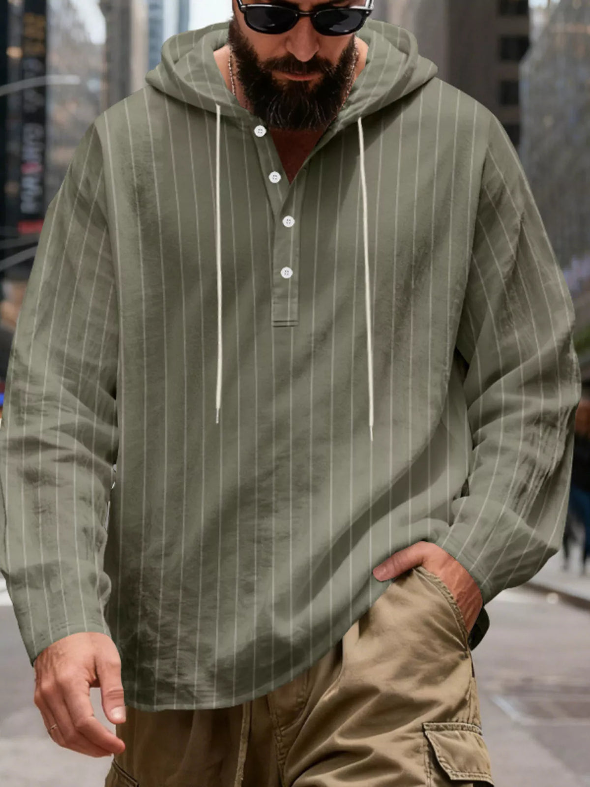 Men's Full Size Casual Striped Henley Hoodie with Drawstring Plus Size in Army Green