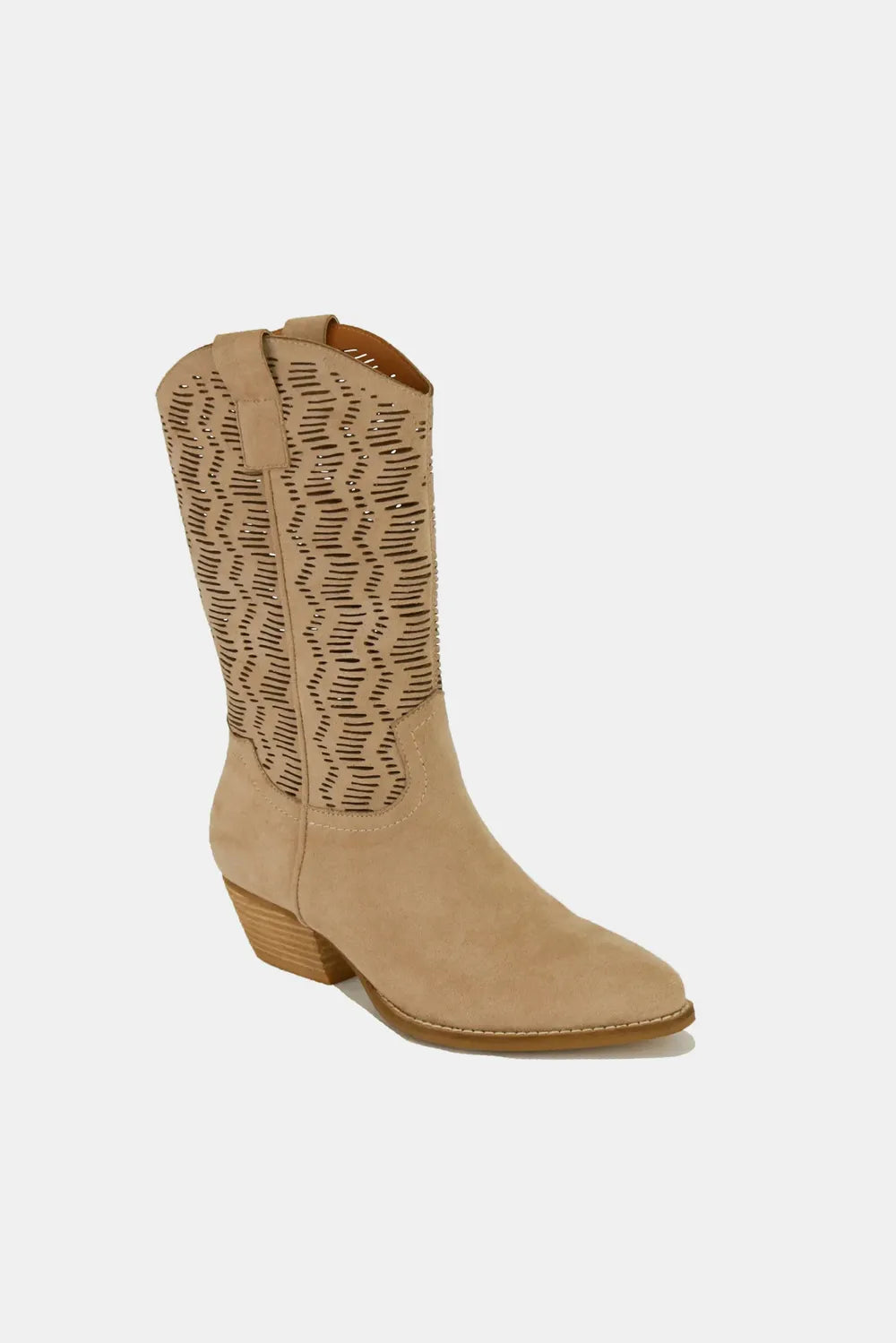 Beast Fashion Faux Suede Laser Cut Detail Block Heel Boots - Lilixa.store