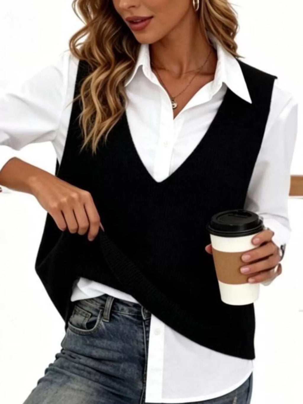 Full Size Chic V-Neck Sleeveless Knit Sweater Vest Plus Size - Lilixa.store