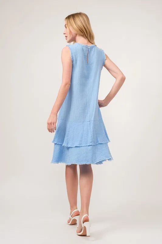 And The Why Washed Fringe Detail Tiered Dress in Baby Blue, view 7
